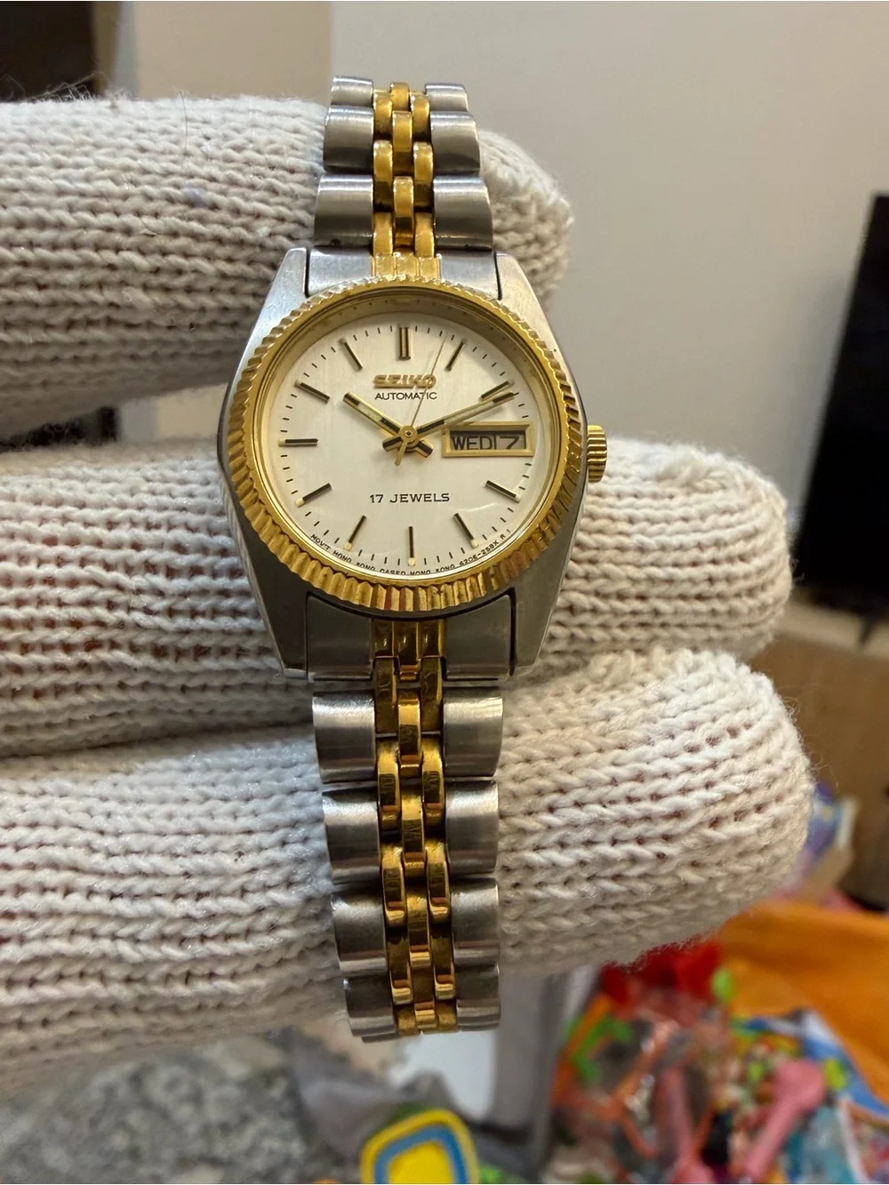 Vtg Seiko 4206-0519 Ladies Automatic Watch Two Tone Jubilee Day Date 17J Run